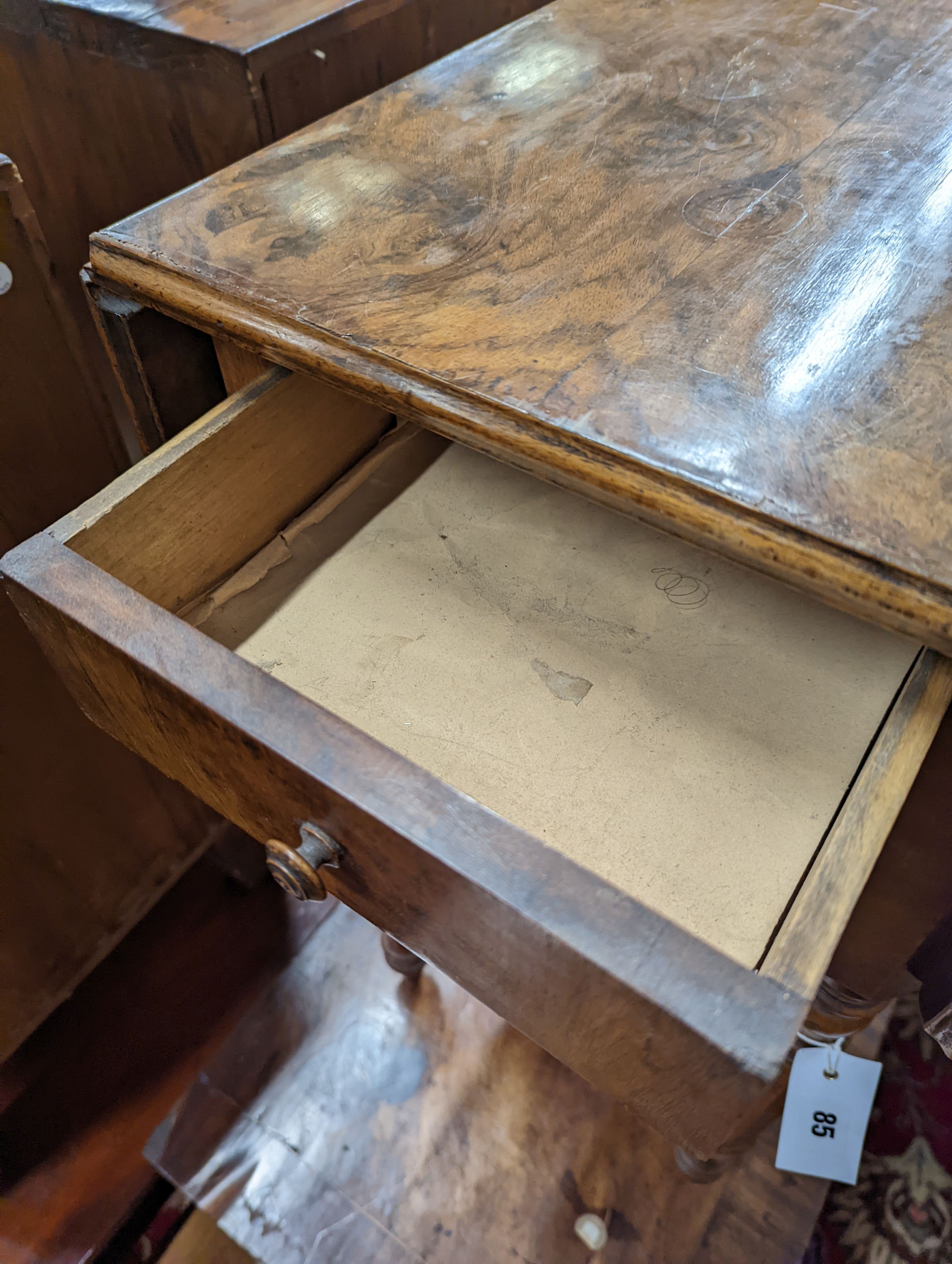 A 19th century French walnut drop flap work table, width 51cm, depth 36cm, height 68cm